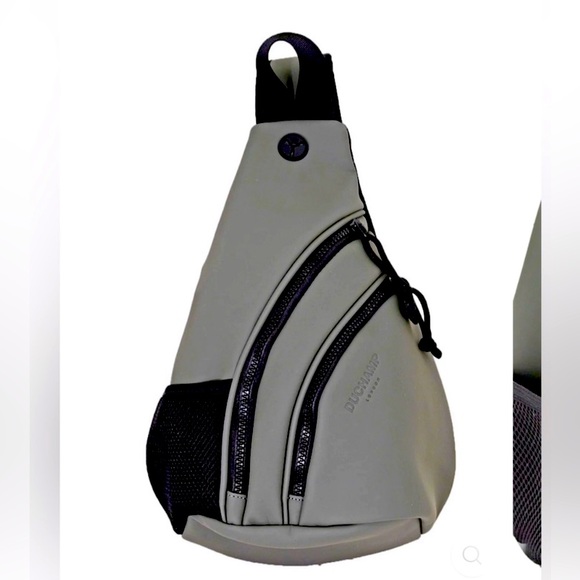 DUCHAMP GREY RUBBERIZED Cool Motorcycle Riders Travel Vacay Unisex SLING BAG NWT - Picture 1 of 14